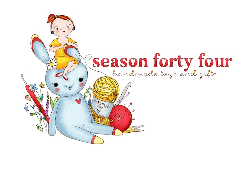May include: A blue bunny toy with a red heart on its chest, a girl with red hair sitting on its back, and yarn, needles, and scissors around it. The text "season forty four handmade toys and gifts" is above the image.