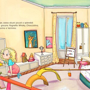May include: A colorful illustration of a child's bedroom. A young girl with curly blonde hair is playing with toys on a shelf. The room is decorated with artwork, a window, and various toys, creating a playful atmosphere.
