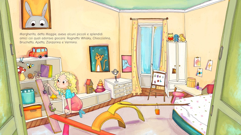 May include: A colorful illustration of a child's bedroom. A young girl with curly blonde hair is playing with toys on a shelf. The room is decorated with artwork, a window, and various toys, creating a playful atmosphere.