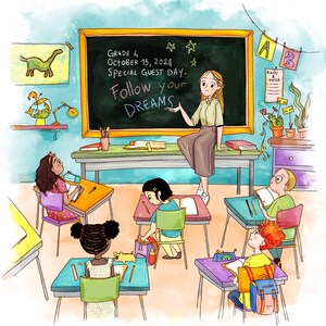 Op de afbeelding: Waterverfillustratie van een klaslokaal. Een lerares zit voor een schoolbord met de tekst "Follow Your Dreams". Leerlingen zitten aan hun bureaus, bezig met hun studie. De kamer is versierd met planten en een dinosaurus tekening.