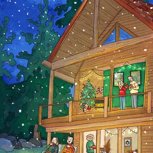 May include: Illustration of a cozy cabin scene during a snowfall. The wooden cabin has a Christmas tree on the balcony, and people are gathered inside and outside. A fire pit is lit in the yard, and a dog is inside the cabin.