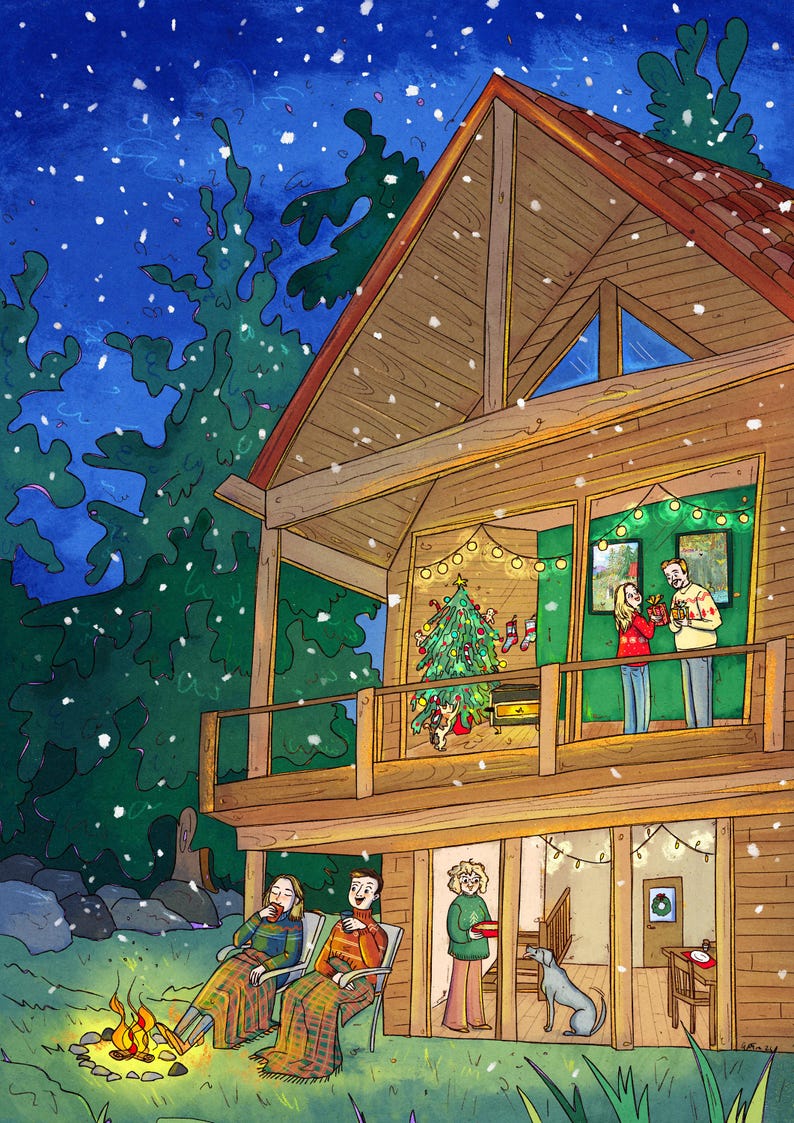 May include: Illustration of a cozy cabin scene during a snowfall. The wooden cabin has a Christmas tree on the balcony, and people are gathered inside and outside. A fire pit is lit in the yard, and a dog is inside the cabin.