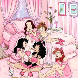 May include: Illustration of a slumber party scene in a pink bedroom. Five people are gathered, applying makeup and nail polish. The room is decorated with pink curtains, bedding, and wall art. A black cat is in the center of the group.