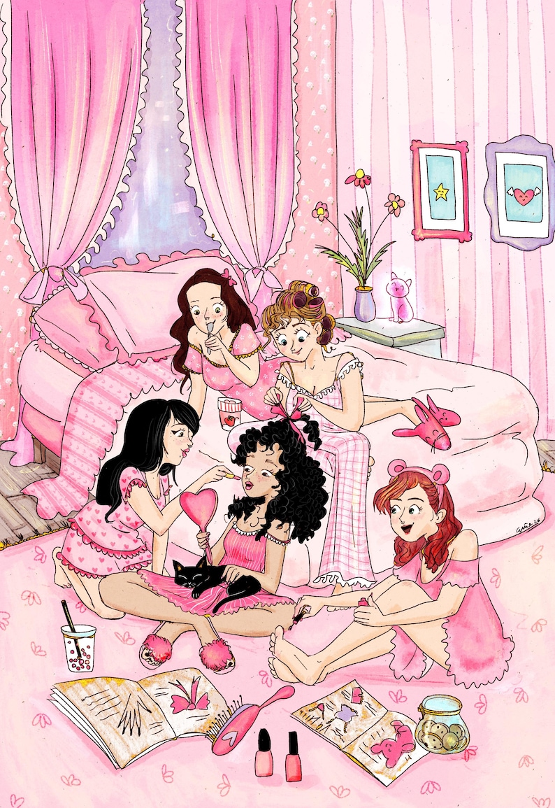 May include: Illustration of a slumber party scene in a pink bedroom. Five people are gathered, applying makeup and nail polish. The room is decorated with pink curtains, bedding, and wall art. A black cat is in the center of the group.