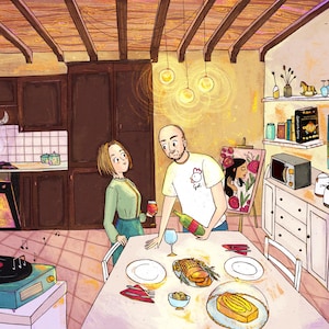 Custom couple illustration with details of their home, board games video games and food they love to have. Personalized couple quirky gift for anniversary or wedding