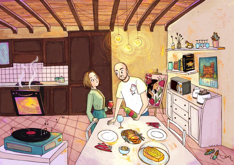 Custom couple illustration with details of their home, board games video games and food they love to have. Personalized couple quirky gift for anniversary or wedding