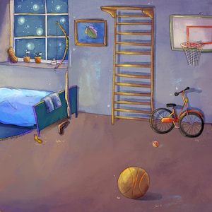 May include: A whimsical illustration of a child's bedroom at night. The room features a bed, a basketball hoop, a bicycle, and a scooter. A basketball sits on the floor, and a fishbowl is in the foreground.