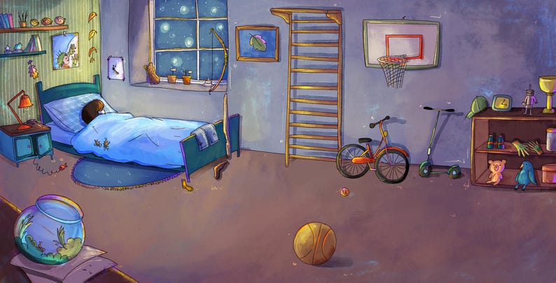 May include: A whimsical illustration of a child's bedroom at night. The room features a bed, a basketball hoop, a bicycle, and a scooter. A basketball sits on the floor, and a fishbowl is in the foreground.