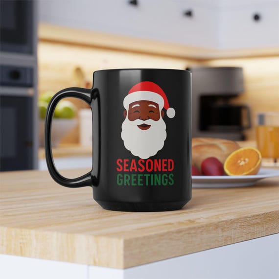 Seasoned Greetings Santa Mug | Black 15oz Christmas Coffee Cup