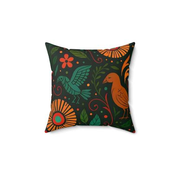 Floral Bird Square Pillow: Nature Home Decor Throw Cushion