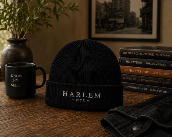 Harlem, NYC  Embroidered Cuff Beanie | Solid Knit Winter Hat