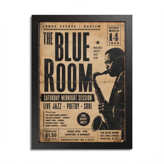 Blue Room Jazz Poster Framed Poster | Vintage Saxophone Concert Print