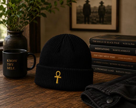 Embroidered Ankh Cuff Beanie | Solid Knit Winter Hat