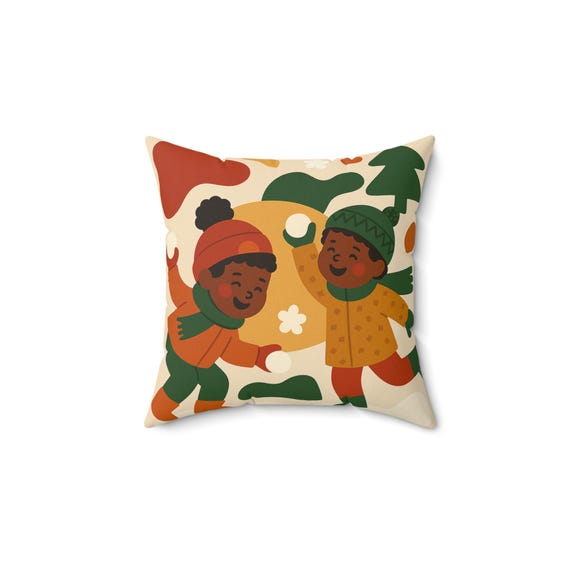 Holiday Snowball Fight Throw Pillow, Christmas Decor, Winter Scene