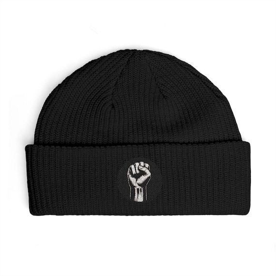 Raised Fist Embroidered Cuff Beanie | Solid Knit Winter Hat