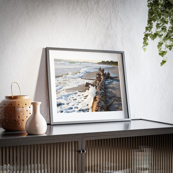 Driftwood on Sandy Shore framed poster | Coastal seascape wall art, matte print