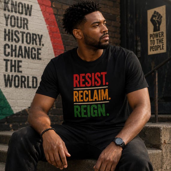 Resist Reclaim Reign T-Shirt | Political Slogan Tee, Red Yellow Green Text