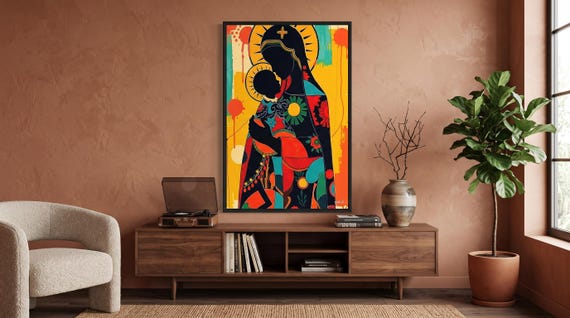 Divine Grace, Black Madonna and Child - Digital Art on Matte Canvas