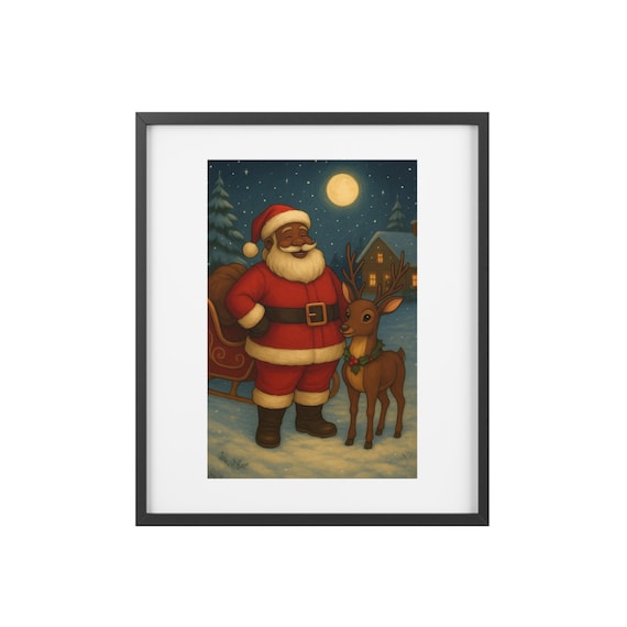 Christmas Framed Posters, Matte - Santa and Reindeer Wall Art, Holiday Decor, Festive Prints