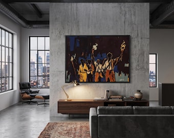 May include: A rectangular wall art print featuring a stylized illustration of a group of figures holding torches against a dark blue and brown background. The artwork is framed in black and mounted on a concrete wall above a wooden media console.