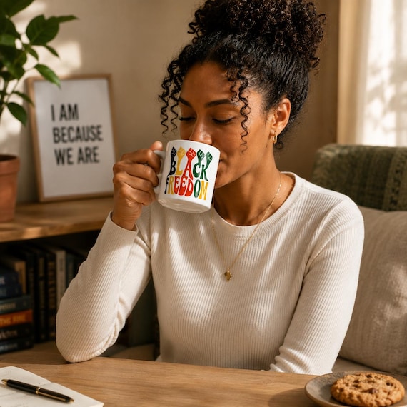 Black Freedom - Retro Holiday Drinkware, Christmas Coffee Cup, Winter Tea Mug
