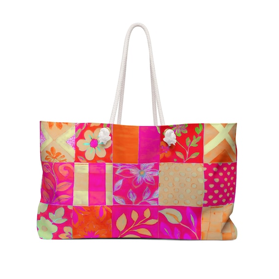 Floral Patchwork Weekender Bag: Colorful Travel Tote, Beach Carryall