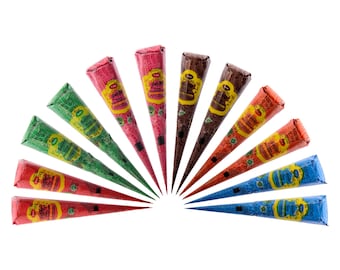 12 Natural Henna Cones: Temporary Tattoo Body Art - 6 Colors