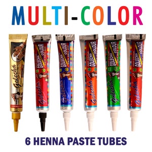 6 Henna Color Tubes Mehandi Temporary Tattoo Design Extra dark output Herbal Henna Kit | Bridal Makeup | Party Tattoos | henna kit DIY