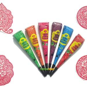 6 Color Henna Cones + 4 Stencils- Henna Tattoo Kit Temporary Body Art Mehandi Ink