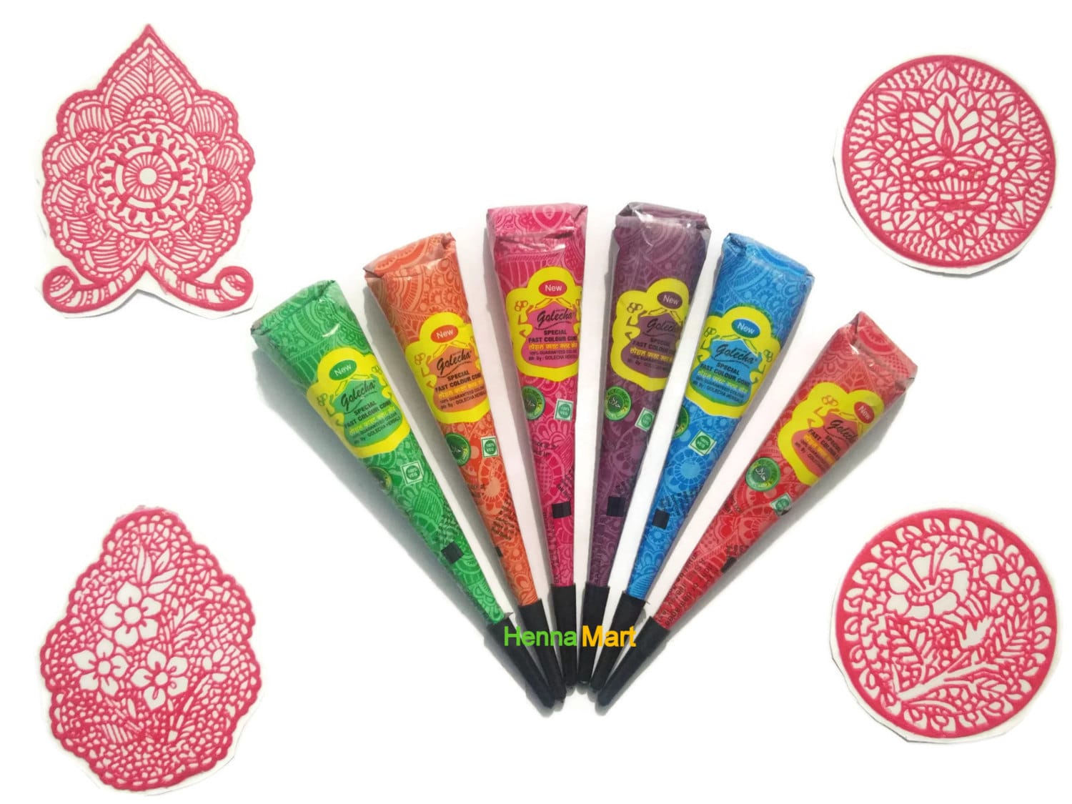 6 Color Henna Cones + 4 Stencils- Henna Tattoo Kit Temporary Body Art Mehandi Ink