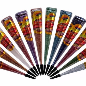 12 Henna Glitter Cones Multi Color Temporary Tattoo Body Art Design Golecha Henna Tattoo DIY Gel Cones