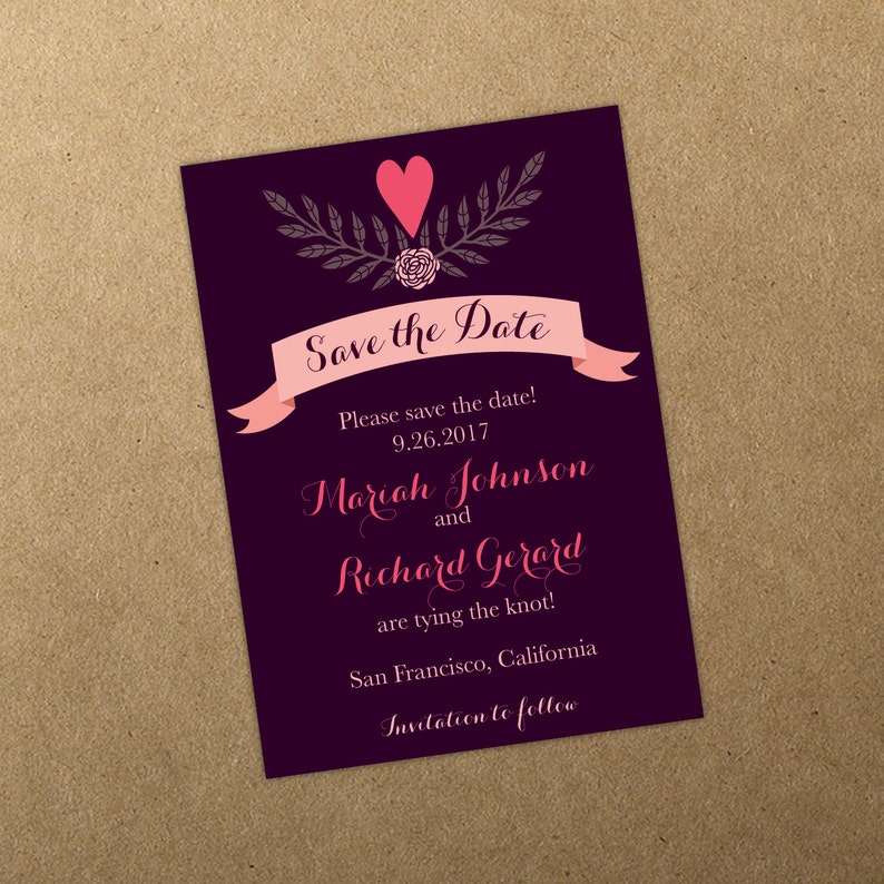 Heart Save the Date Deep Purple Pink