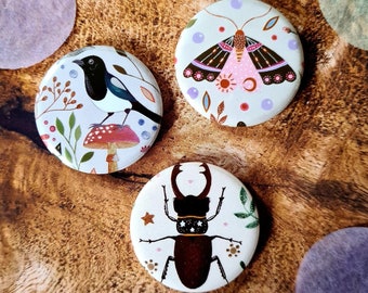 Set of 3 folk pin badges - illustrated pin badges - Moth- Magpie - Stag Beetle