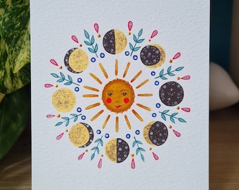 Sun and moon phases print - sunshine painting - folk art - Full moon illustration