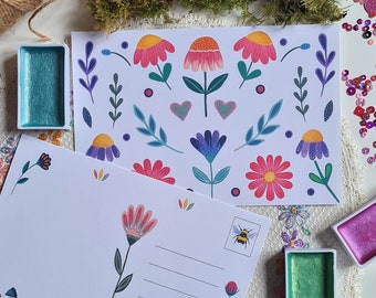 Folk postcard - Flowers - Bright illustrated stationery - Mini art print