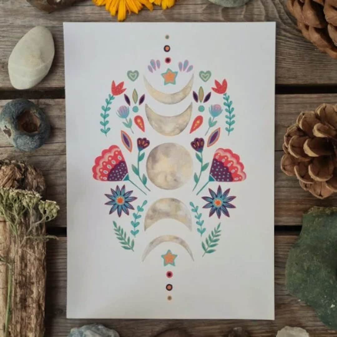 Folk Moon Phases Print Crescent Moon Painting Folk Art - Etsy