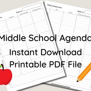 May include: Printable middle school agenda template with a red apple and a yellow pencil. The agenda is divided into daily sections for each subject, including math, science, social studies, language arts, art, music, physical education, and health.