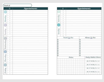 Printable a5 Horizontal Weekly Planner layout with Daily Appointments and Home, Work, and Daily Chore/Habit Tracking
