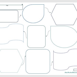 May include: A blank mind map template with nine different shaped boxes, including circles, hexagons, and wavy lines. The boxes are connected by arrows, and the title "Title" is at the top of the page.