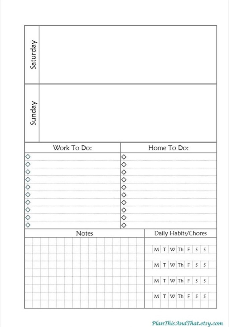 printable a5 horizontal weekly planner layout with home work etsy