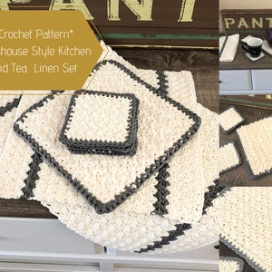 Crochet Pattern | Farmhouse Trivet and Towel Set | Crochet Kitchen Towel | Crochet Trivet | Crochet Coasters | Tea Towel | Crochet Hot pad