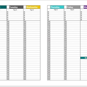Planificador semanal vertical A5 con lista de verificación de los 5 principales por hora y por día