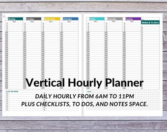 Puede incluir: Un planificador horario vertical imprimible con un horario diario de 6 AM a 11 PM. El planificador incluye espacio para listas de tareas, notas y listas de verificación.