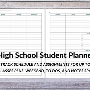 May include: A black and white printable high school student planner with a weekly schedule, to-do list, and notes space. The planner is designed to track classes, assignments, and weekend activities.