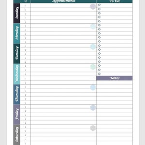 Puede incluir: Un planificador semanal con un esquema de color turquesa, gris y azul. El planificador tiene secciones para citas, lista de tareas y notas. Los días de la semana están listados en el lado izquierdo del planificador.