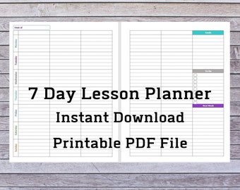 Planificateur de cours hebdomadaire de 7 jours | Planificateur de cours pour l'école à la maison | Planificateur d'école à la maison | Planificateur d'enseignant | Planificateur de cours |