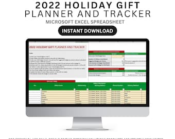 Puede incluir: Una pantalla de ordenador que muestra una plantilla de hoja de cálculo de Planificador y Seguimiento de Regalos Navideños 2022 en Microsoft Excel. La hoja de cálculo incluye secciones para presupuestar, la lista de regalos y la información de los regalos. La plantilla está diseñada para ayudar a los usuarios a planificar y hacer un seguimiento de sus regalos navideños.