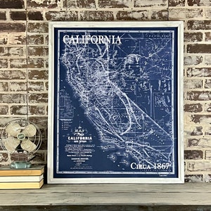 California vintage framed canvas map 1867 Blueprint (G)
