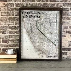 California and Nevada vintage framed map 1878 (G)