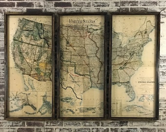 USA Map 1923 Department of the Interior Large Triptych 3 piece Framed